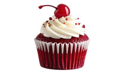 Delicious red velvet cupcake with white frosting and cherry