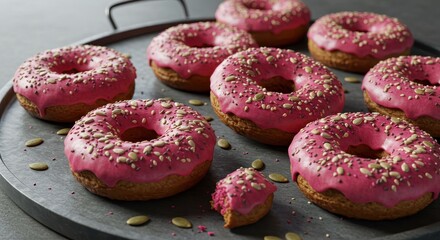Fresh Glazed Pink Donuts on Tray with Pumpkin Seeds and Sprinkle Topping