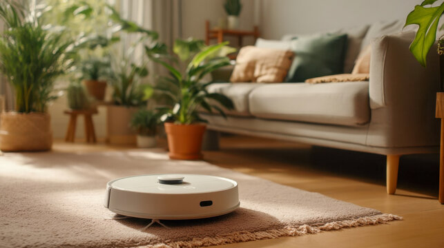 Smart robot vacuum cleaner for carpet cleaning in cozy living room with indoor plants, modern household appliances for automated cleaning