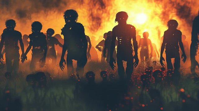 A group of undead creatures walk through a grassy field, with a blurred background