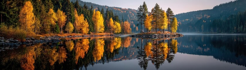 A forest lake mirrors golden trees, dawns light perfects the tranquil autumn skyline