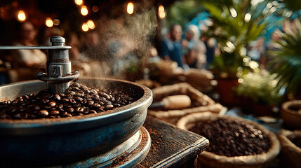 Roasted coffee beans in vintage grinder at bustling outdoor market with sacks and plants, capturing aroma, tradition, and artisanal culture.
