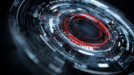 Futuristic digital interface with glowing red and blue circular elements, resembling a high-tech holographic display