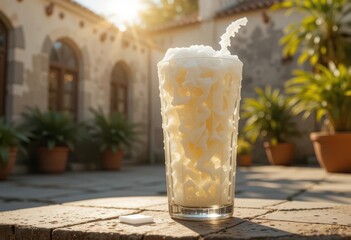 Creamy Ayran Overflowing from a Rustic Glass, Bathed in Golden Light