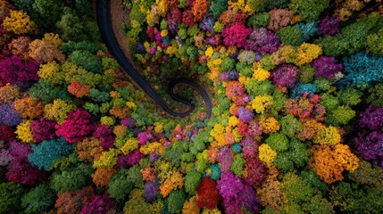 Aerial view of swirling autumn leaves, a ballet of colors embracing the earths canvas