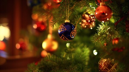 A beautifully decorated tree with glowing ornaments, evoking festive holiday spirit.