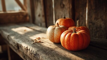 Apples and pumpkins rest on aged wood, highlighted by soft sunlight filtering through