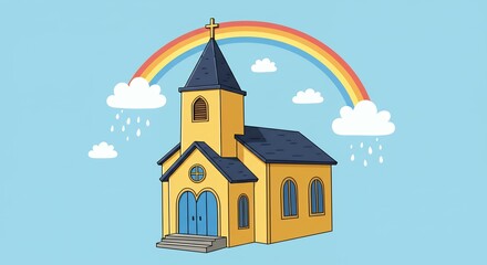 Obraz premium Church illustration with rainbow and clouds
