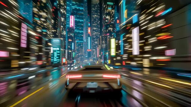 Futuristic cityscape showcases vibrant neon lights, sleek car in motion, and reflections on wet streets, creating energetic atmosphere filled with speed and urban excitement
