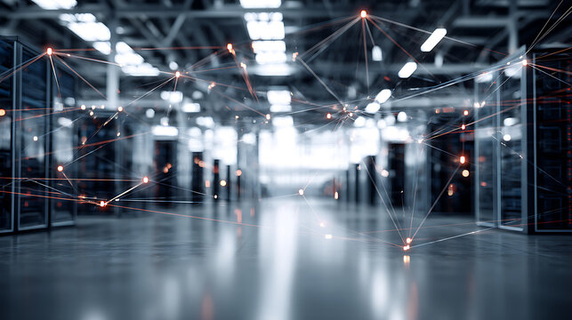 Modern data center with interconnected network nodes and server racks in a high-tech facility - Powered by Adobe