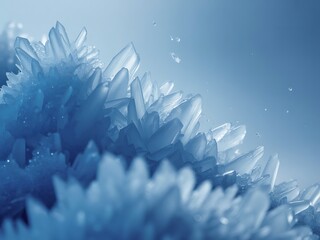 Macro photograph of translucent blue ice crystals forming intricate geometric structures with water droplets Keywords: ice, crystals, blue, macro, close-up, translucent, geometric, structure