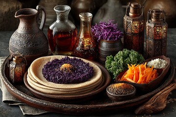 Rustic Ethiopian meal styled with herbs and lights high resolution picture