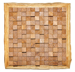 Wooden mosaic artwork showcases a blend of textures and colors in natural tones.