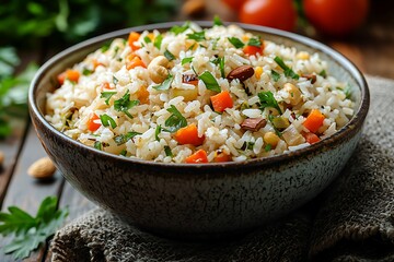 Rustic healthy rice salad topped with fresh vegetables high resolution picture