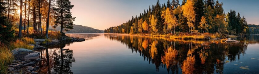 Early autumns glow, golden trees embrace the calm lake, serene reflections at sunrise