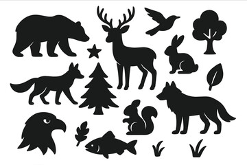 Naklejka premium Simple nature and wildlife animal silhouettes collection, forest icons and woodland creatures vector illustration, transparent background set with trees, birds, fish, and mammals, black shapes