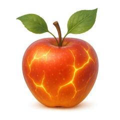 Charming Illustration - Fiery Apple with Electric Cracks and Leaves on Black Background featuring soft lighting, pastel tones, expressive characters, and whimsical design elements for storytelling and