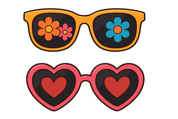 Stylish summer sunglasses with vibrant flower and heart designs, trendy outdoor fashion accessories, colorful floral and love-themed cartoon illustration, transparent background vector set