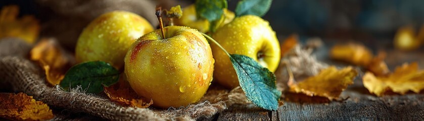 Golden apples lie amidst autumn leaves on a rustic table, bathed in gentle natural light