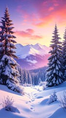Fototapeta premium Snowy mountain path at dawn