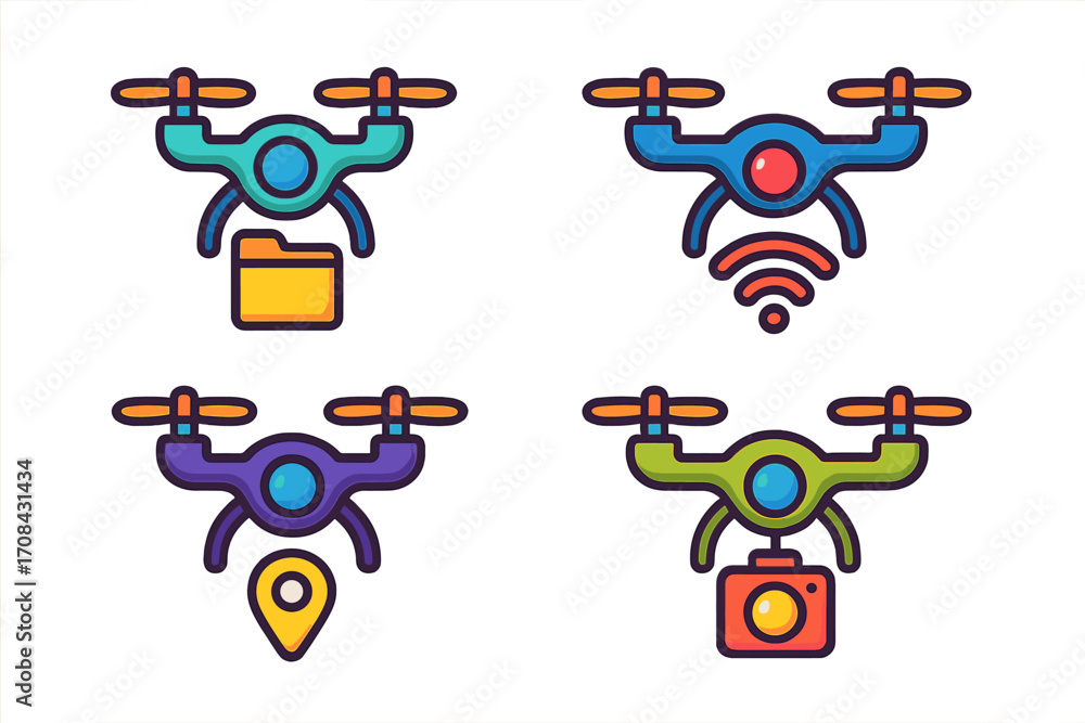 Poster modern colorful drone icons set with folder storage, wi-fi signal, location pin, and camera function