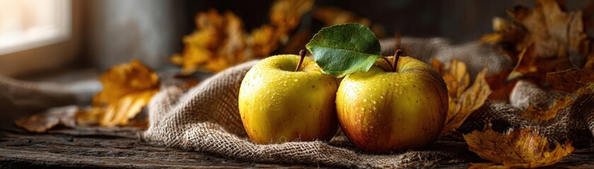 Golden apples lie amidst autumn leaves on a rustic table, bathed in gentle natural light