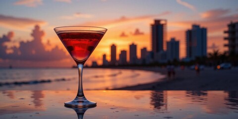 Geometric Lines and Warm Hues Reflecting a Fiery Sunset Over the Iconic Miami Skyline Silhouette