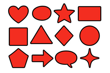 Various red shapes with bold black outlines, cartoon style vector illustration including heart, star, square, triangle, circle, pentagon, arrow, speech bubble, and sparkle, creative design elements