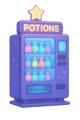 Fantasy Potion Machines - Magical Potion Vending Machine with Glowing Bottles in Fantasy Style featuring soft lighting, pastel tones, expressive characters, and whimsical design elements for storytell