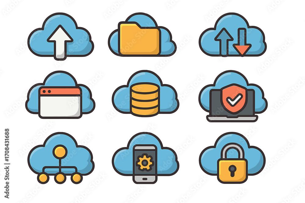 Aufkleber cloud computing icons set illustrating diverse digital services and functionalities for technology, 