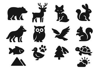 Minimalist wildlife icons set with animal and nature silhouettes, vector cartoon illustration, transparent background, ordered collection of forest animals and natural elements