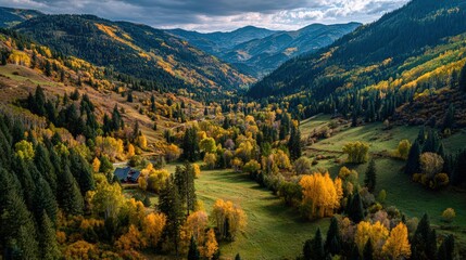 Autumn river valley aerial view