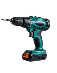 Teal cordless drill with attached drill bit