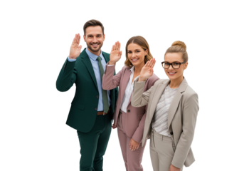 Group of three Caucasian businesspeople smiling and waving isolated