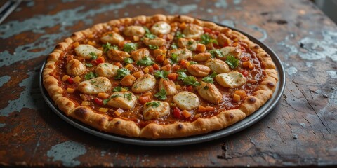 Chicken Fajita Pizza on a Weathered Metal Surface, Nostalgic and Rustic Charm