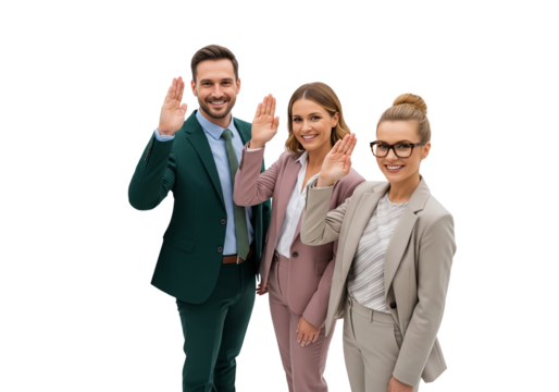 Group of three Caucasian businesspeople smiling and waving isolated