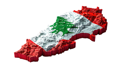 3D topographic map of Lebanon overlaid with national flag