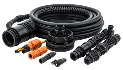 Black coiled hose assembly with various connectors