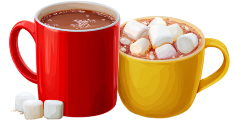 hot chocolate in a red mug and yellow cup with marshmallows, transparent background