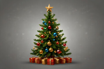 Fototapeta premium A beautifully decorated christmas tree with gifts under it on gray background