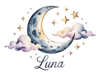 Watercolor crescent moon with stars and clouds and the word Luna night
