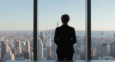 Fototapeta premium Successful Executive Businesswoman Looking Out Over Expansive Cityscape from High-Rise Office Window, Contemplating Future Strategy and Urban Development