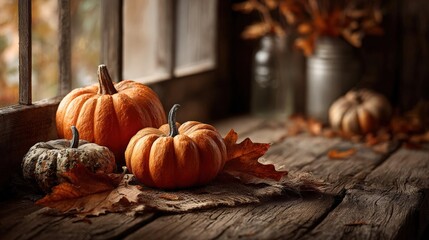 Rustic pumpkins mingle with dry leaves on a wooden table, softly lit by a window