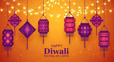 Happy Diwali. Group of paper graphic Indian lantern on Indian festive theme big banner background. The Festival of Lights