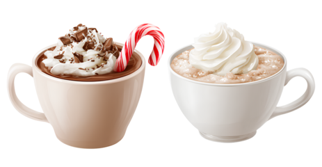 hot chocolate mug with whipped cream and candy cane on the left side, hot coffee in a white cup with cream on the right side, transparent background