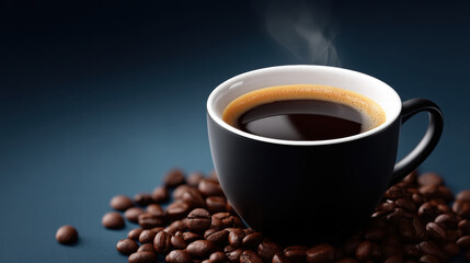 Fototapeta premium Coffee demand in emerging markets grows as hot cup sits among roasted beans on dark background evoking warmth and energy