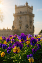 The Iconic Bel&eacute;m Tower in Lisbon Captured with Vibrant Pansies in the Foreground and a Warm Sun Flare Illuminating the Scene.