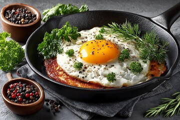 Rustic pan fried eggs with herbs high resolution picture