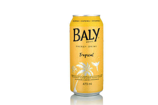 S&atilde;o Paulo, Brazil - September 16, 2025 - Baly Brasil Energy Drink Can - 473 ml - Tropical - cold drink