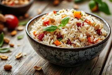 Rustic roasted vegetable bowl with fresh basil rice high resolution picture